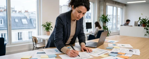 Consultant en marketing digital travaillant sur des documents de stratégie de contenu à une table de travail dans une agence moderne
