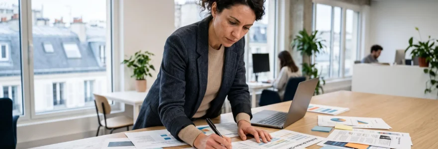 Consultant en marketing digital travaillant sur des documents de stratégie de contenu à une table de travail dans une agence moderne