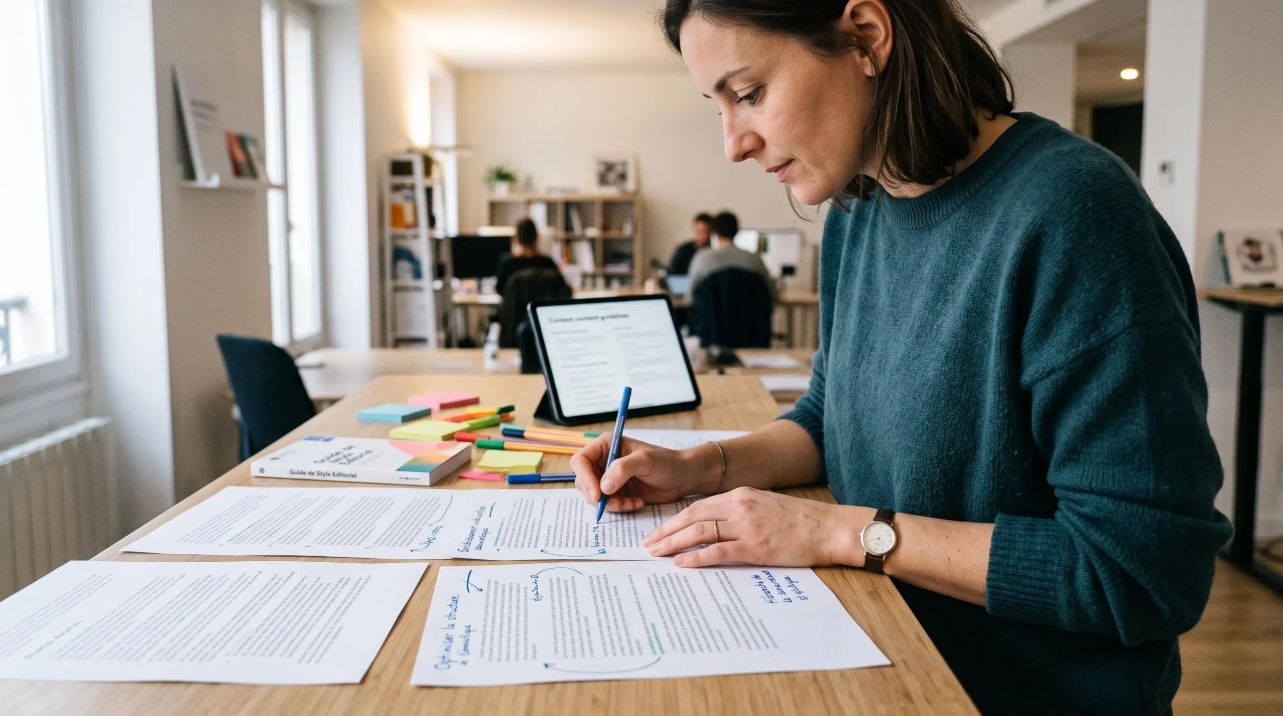 Éditeur de contenu révisant et annotant des documents de structure de contenu à un bureau debout dans une agence digitale
