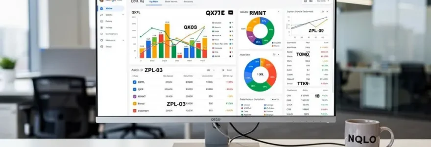 Professionnelle marketing analysant des métriques de campagnes Google Ads sur double écran dans un bureau contemporain