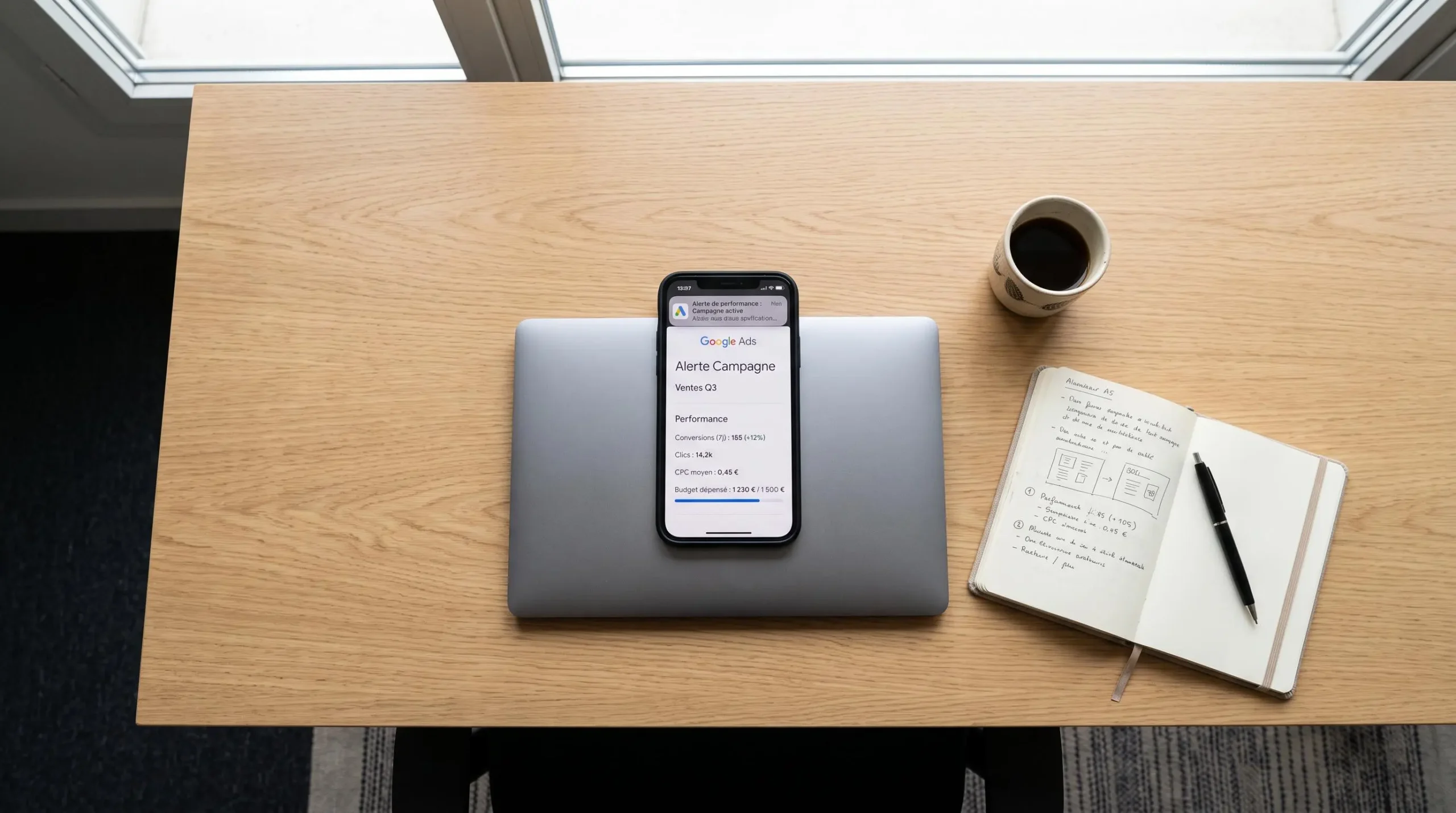 Smartphone affichant notification Google Ads mobile sur bureau organisé en vue de dessus
