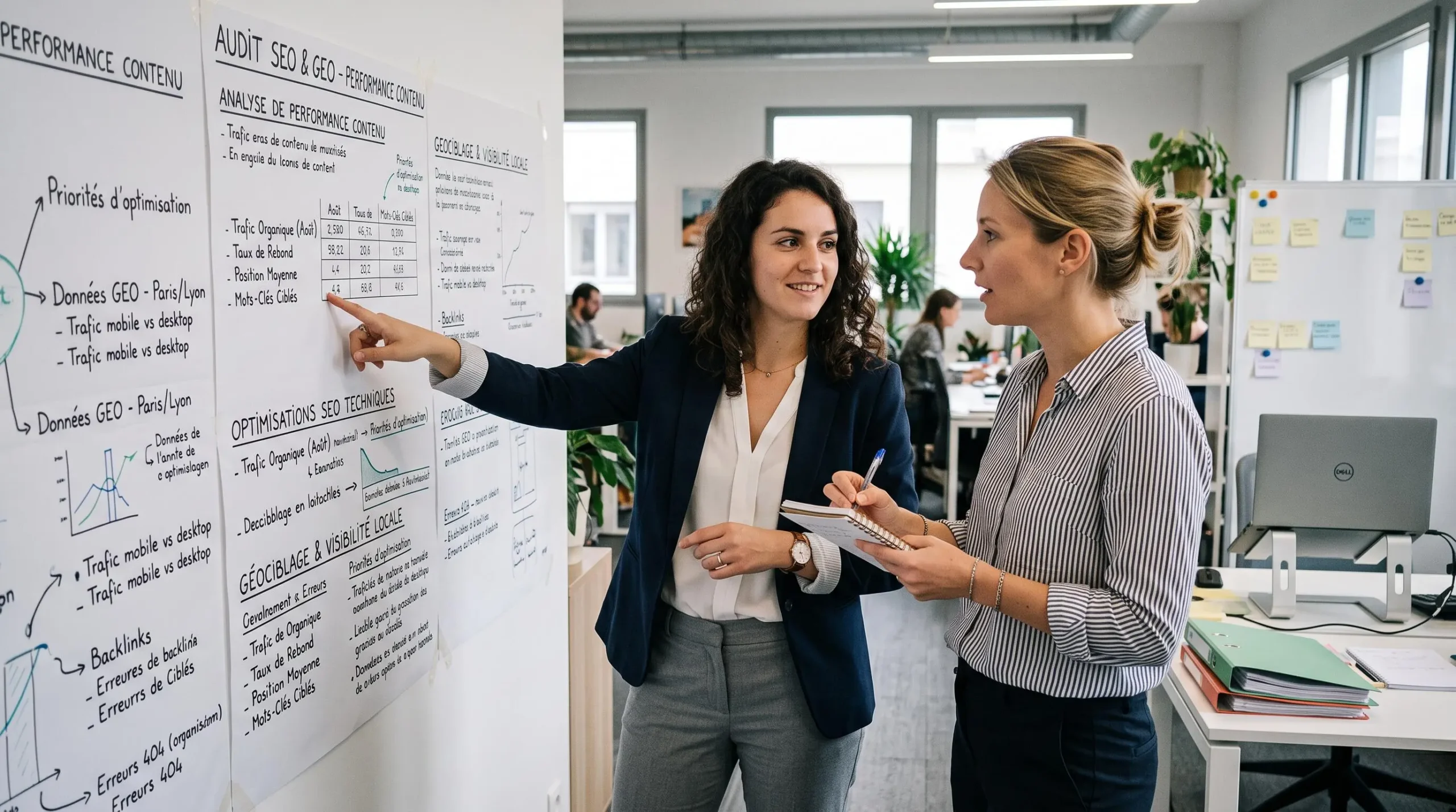 Deux spécialistes en marketing digital collaborant sur une analyse d'audit SEO et GEO avec des graphiques de performance dans un espace de travail d'agence